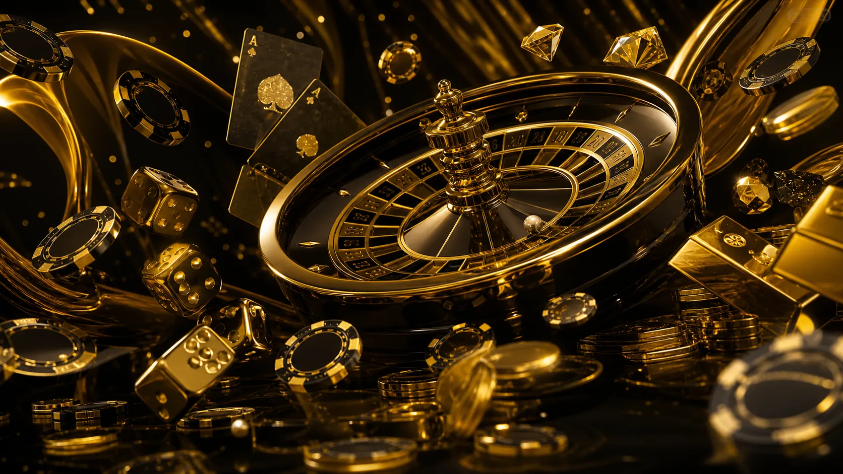 A luxurious 3D render featuring floating poker chips, glowing dice, and vibrant neon elements, creating a premium casino atmo